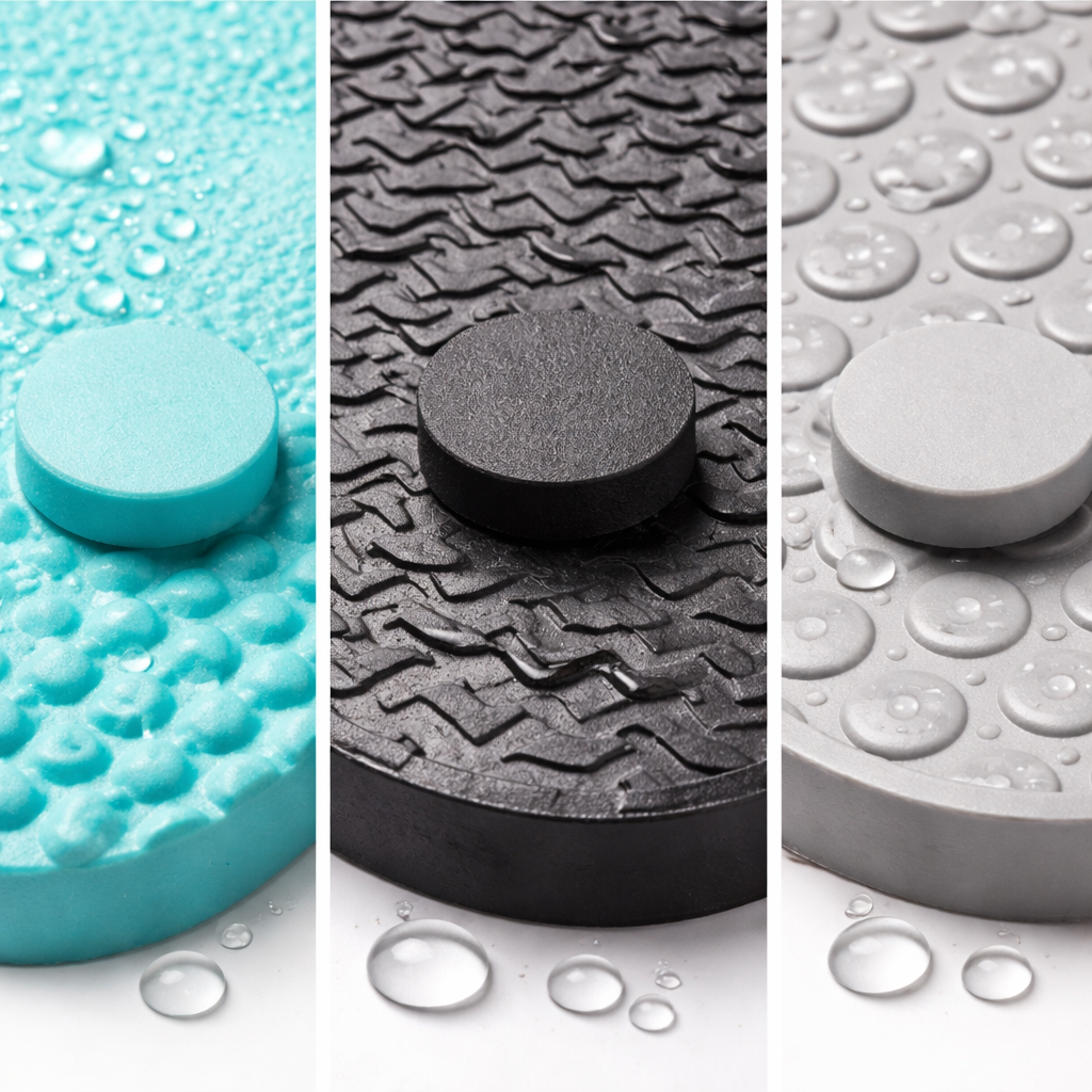 Materialvergleich: Nahaufnahmen von EVA-, Gummi- und TPR-Oberflächen mit kurzen Labels. Caption: "Materialeigenschaften im Überblick" Alt: "EVA, Gummi und TPR Materialproben"