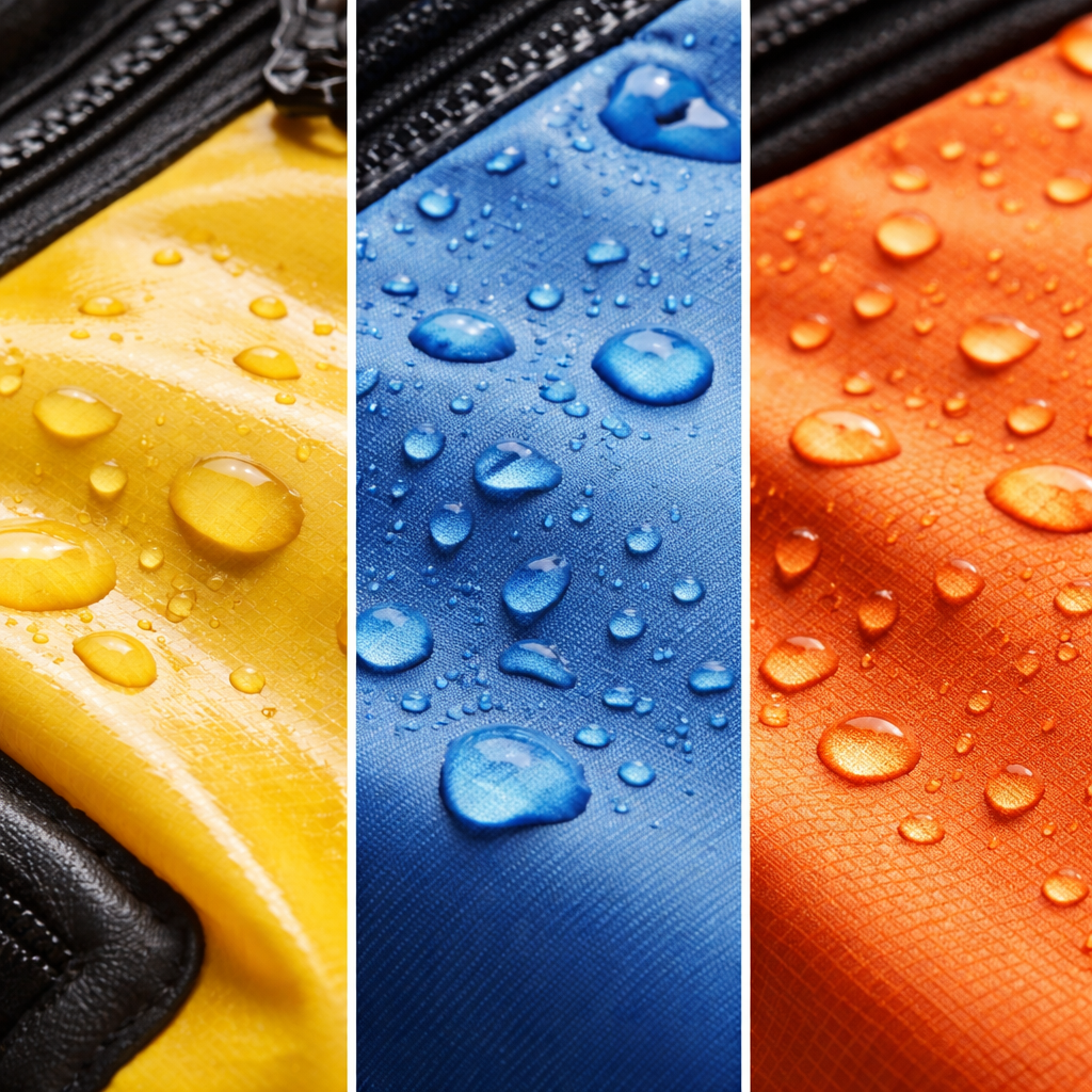 Materialvergleich: Nahaufnahme von drei Materialien – PVC/Tarpaulin, beschichtetes Polyester und Nylon mit DWR-Beschichtung – jeweils mit Beschriftung