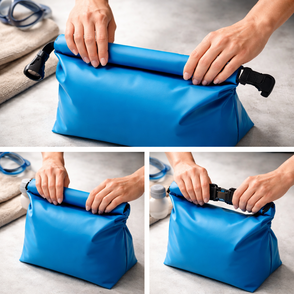 Rolltop-Demo: Hände rollen den Rollverschluss einer Drybag-Tasche korrekt ein – Schritt für Schritt sichtbar