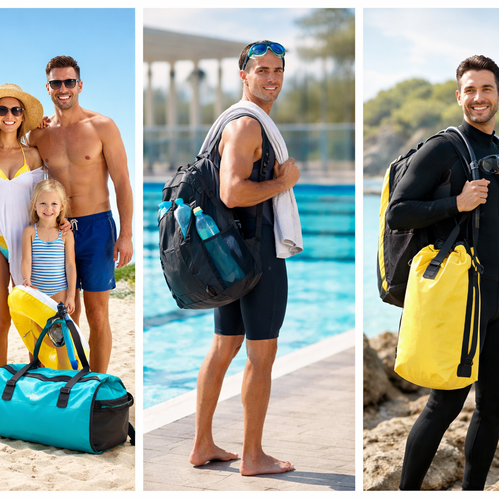 Verwendungsbeispiele: Familie am Strand mit großer Tasche, Vereinsschwimmer mit mittelgroßer Tasche, Taucher mit robustem Drybag