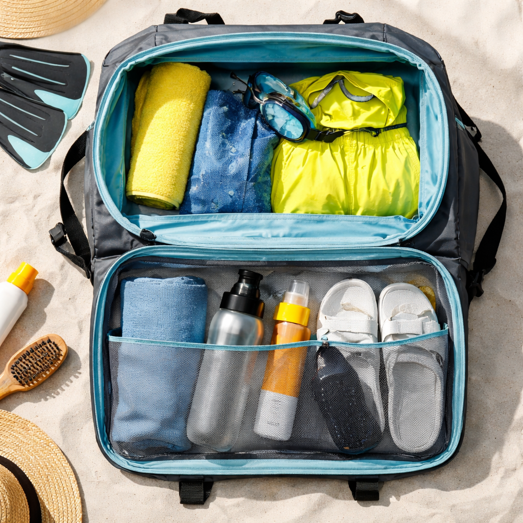 Praktisches Packen: Übersichtlicher Inhalt einer mittleren Tasche mit markierten Nass- und Trockenbereichen