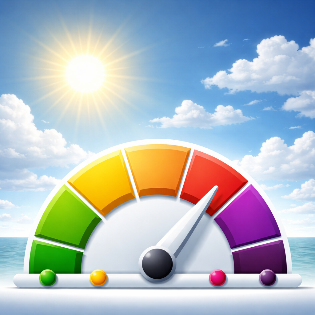 Grafik oder Illustration des UV-Index mit Skala von niedrig bis sehr hoch, Sonne und Wolken