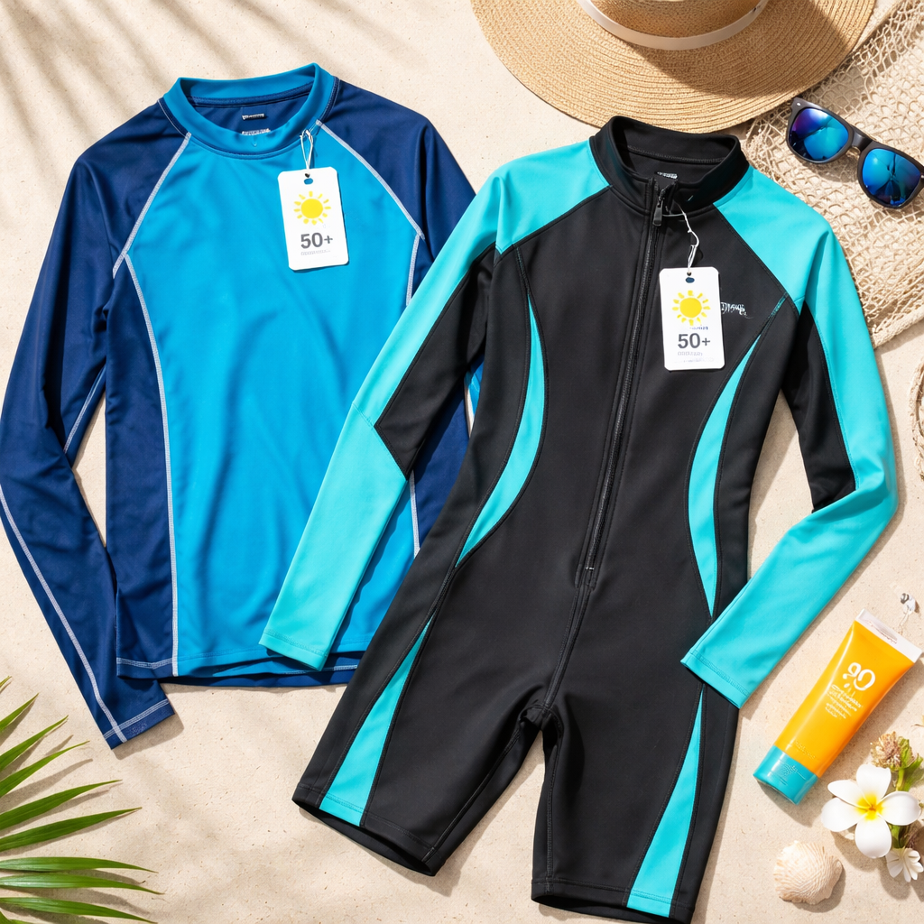 Verschiedene UV-Schwimmkleidungsstücke (Rashguard, langer Anzug), Beschriftung der UPF-Etiketten