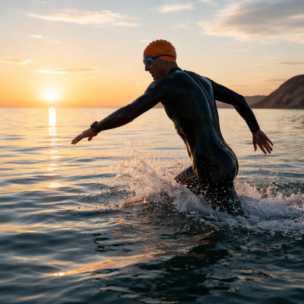Schwimmer startet bei Sonnenaufgang, ruhiges Wasser, kühle Farben