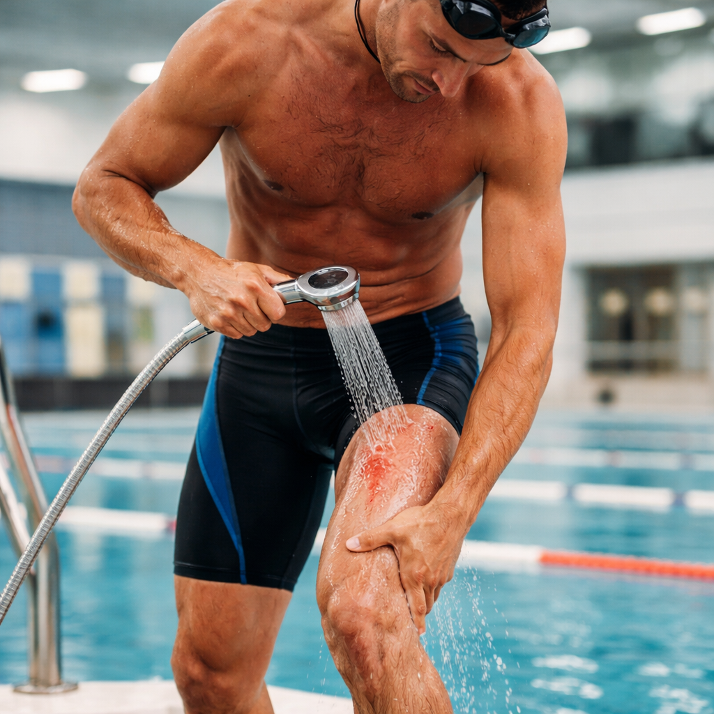 Szene am Beckenrand: Schwimmer nutzt die Duschbrause, um eine gereizte Stelle mit klarem Wasser zu spülen.