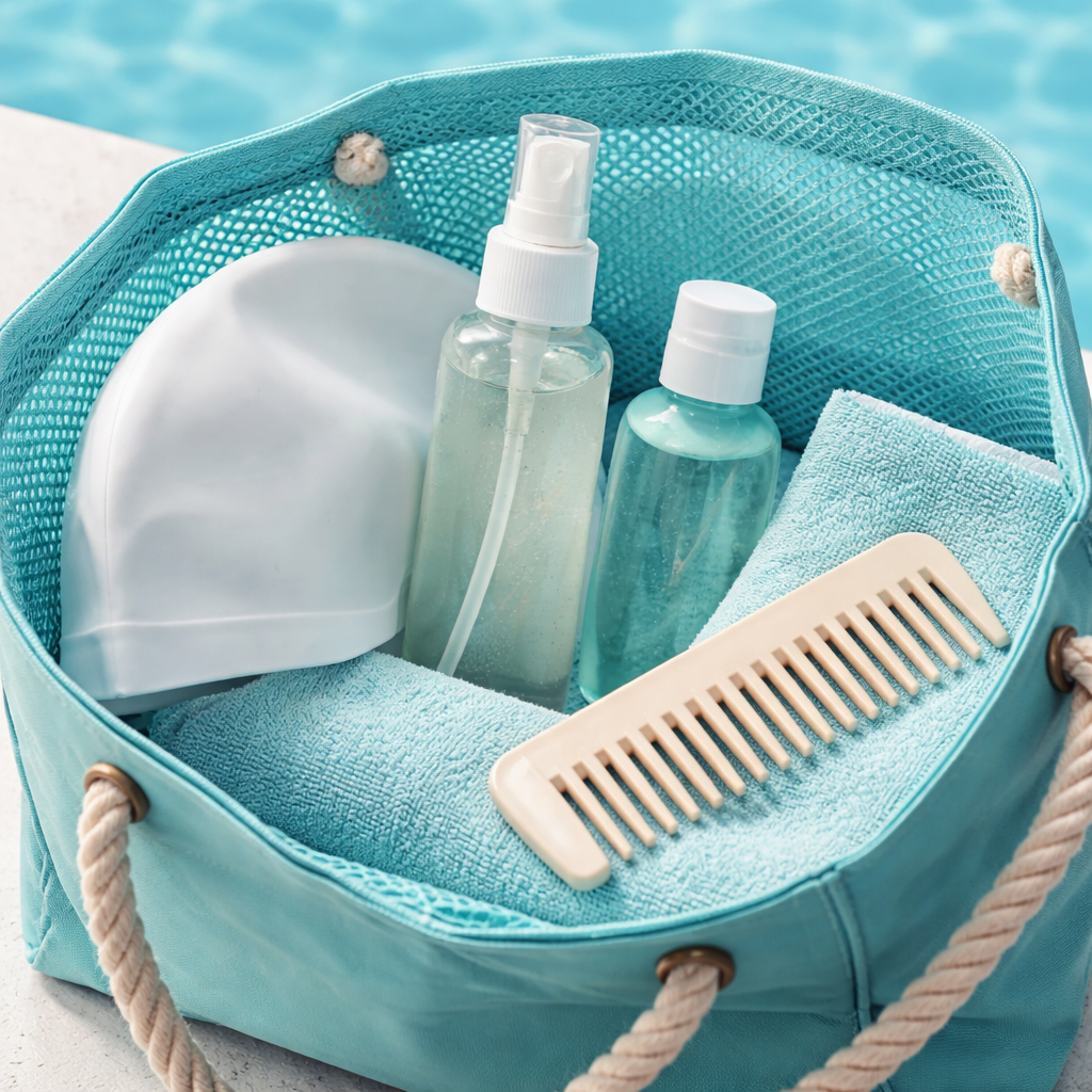 Detailaufnahme einer kompakten Badetasche mit Schwimmkappe, Leave-in-Spray, Reise-Shampoo, grobzinkigem Kamm und Mikrofaserhandtuch; alles ordentlich angeordnet