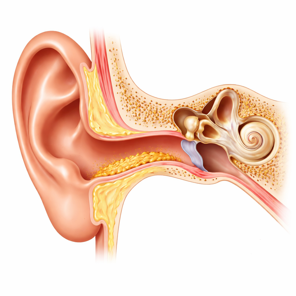 Illustration: Querschnitt des äußeren Ohrs mit Beschriftung von Ohrmuschel, Gehörgang, Trommelfell und Cerumen