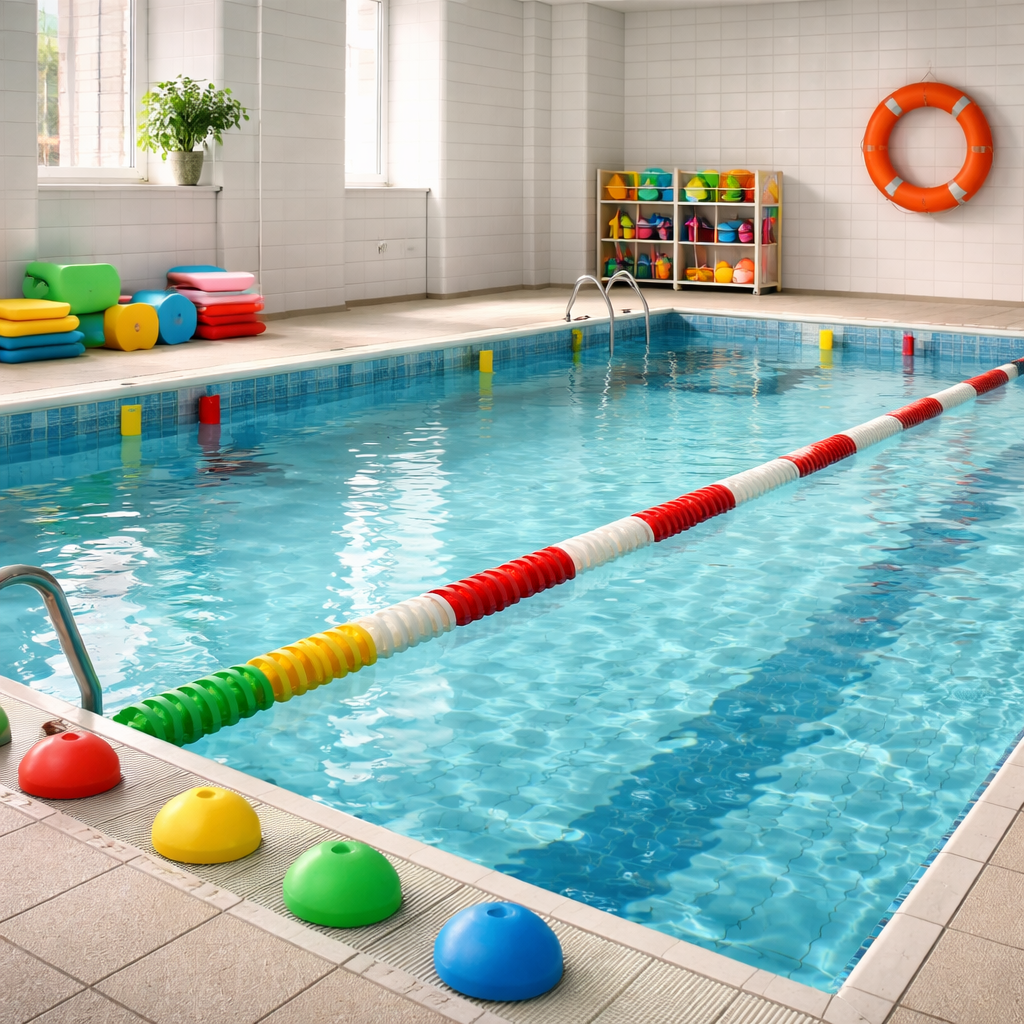 Flacher, abgetrennter Beckenbereich mit Markierungen für einen Anfängerkurs; Rettungsring sichtbar