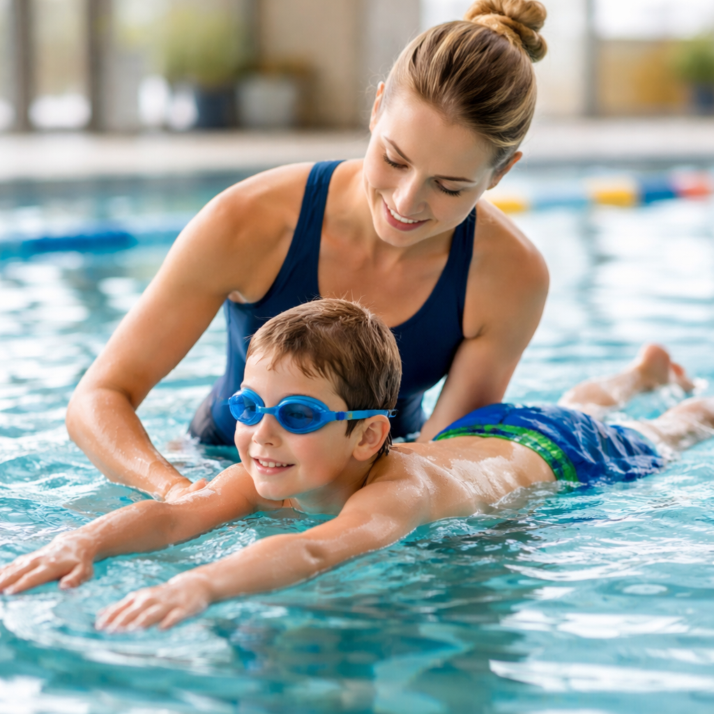 Trainerin hält ein Kind beim Gleiten, Fokus auf ruhiger Körperlage