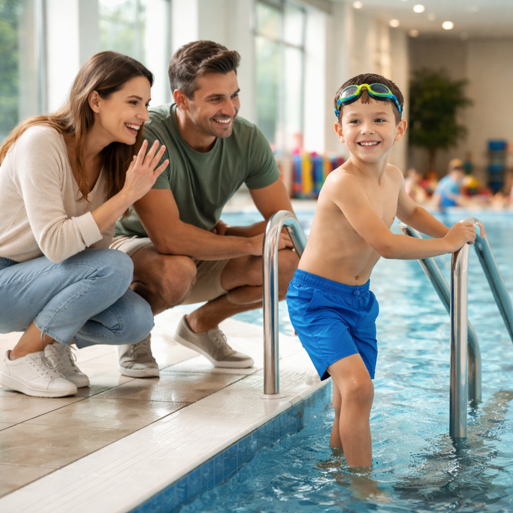 Eltern beim ruhigen Abschied am Beckenrand; Kind geht selbstbewusst ins Wasser
