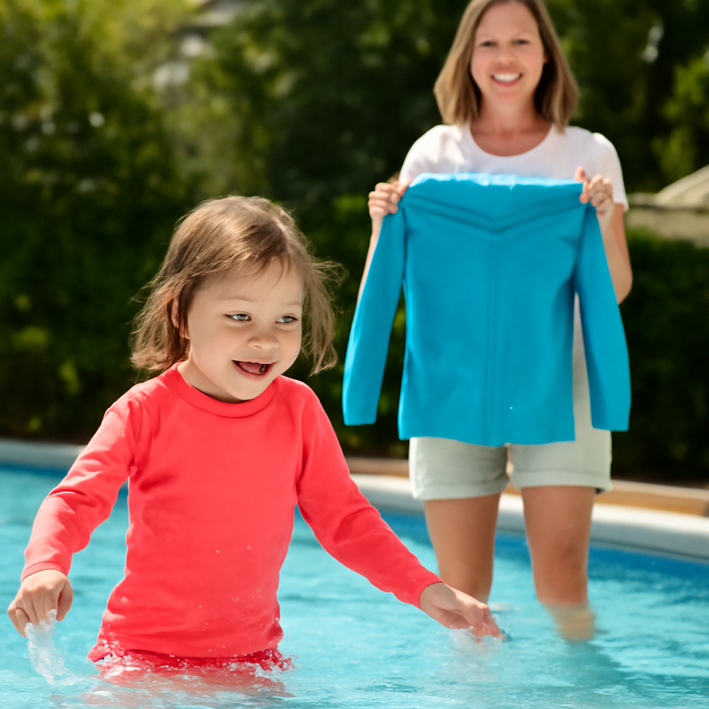 Kind planscht, während Mama im Hintergrund eine UV-Schutzjacke zeigt