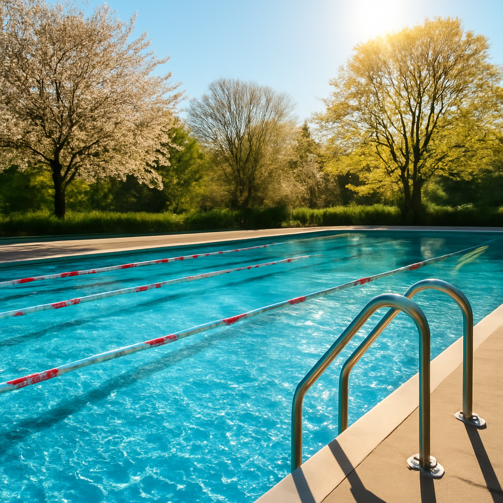 Becken-Außenansicht im Frühling – glitzerndes Wasser, Sonnenlicht