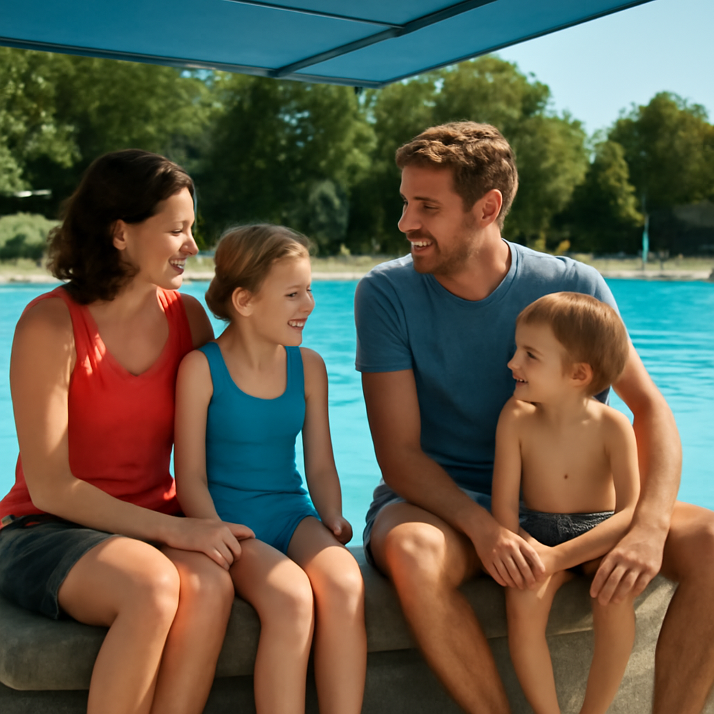 Familien am Beckenrand in Schattenbereich