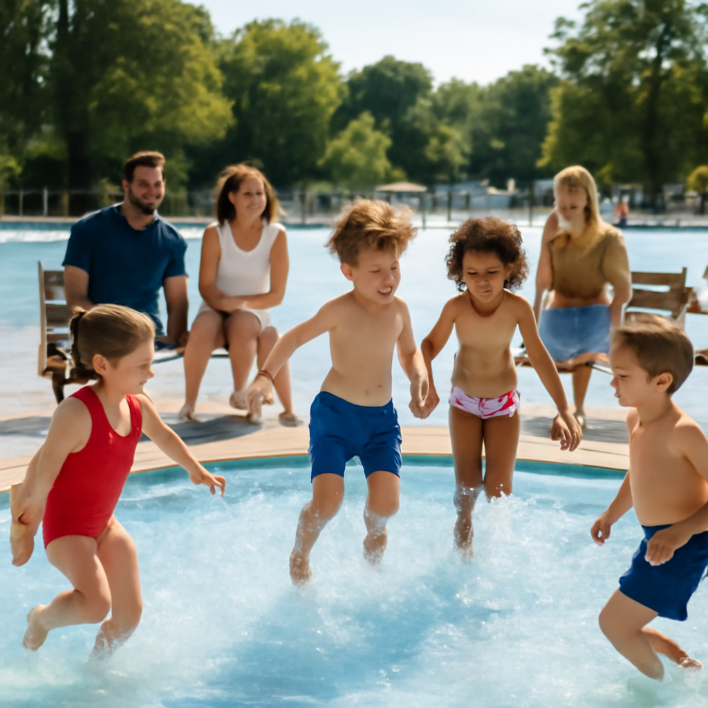Kinder beim Planschbecken und Eltern auf Bänken
