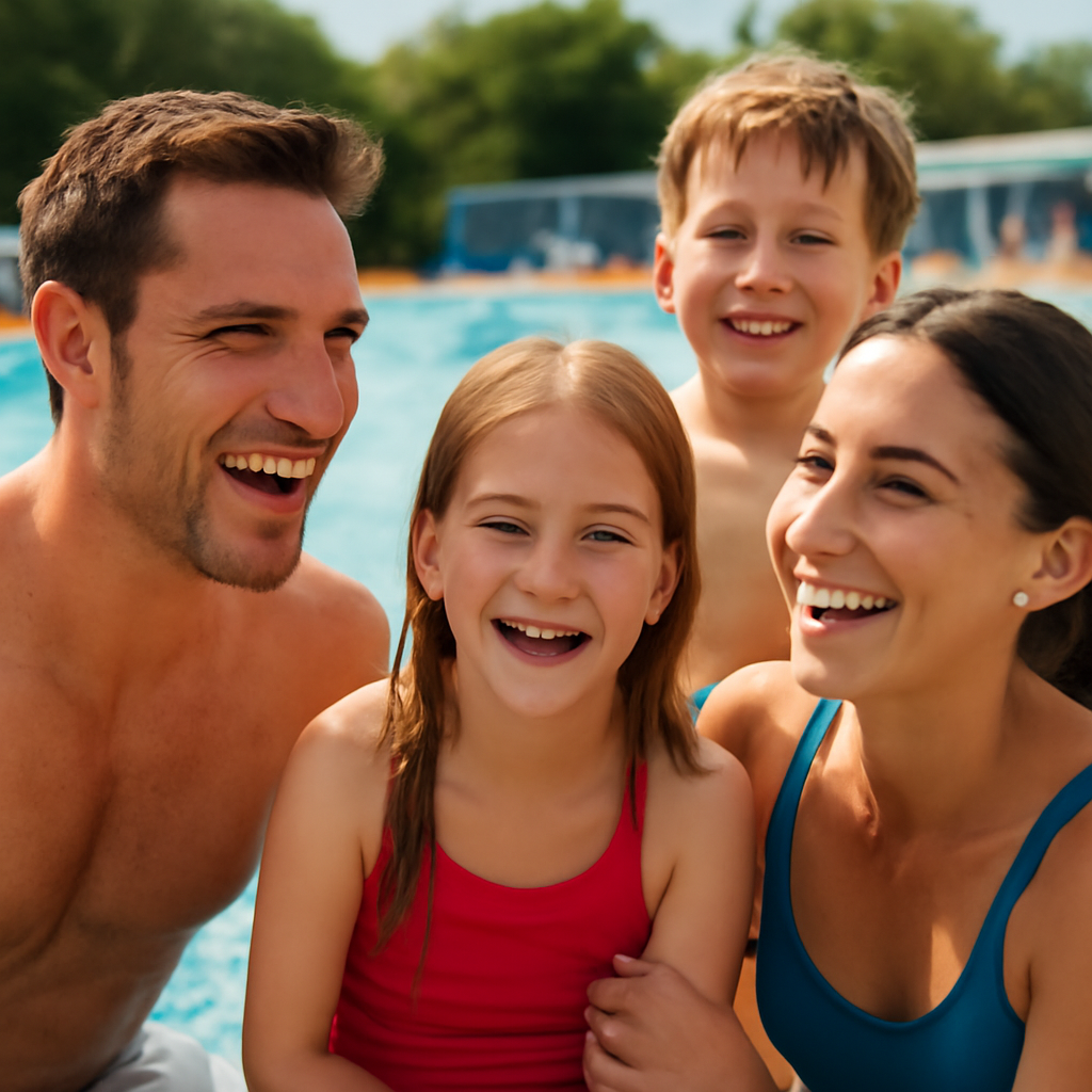 Saisoneröffnung im Freibad, Familien lachen