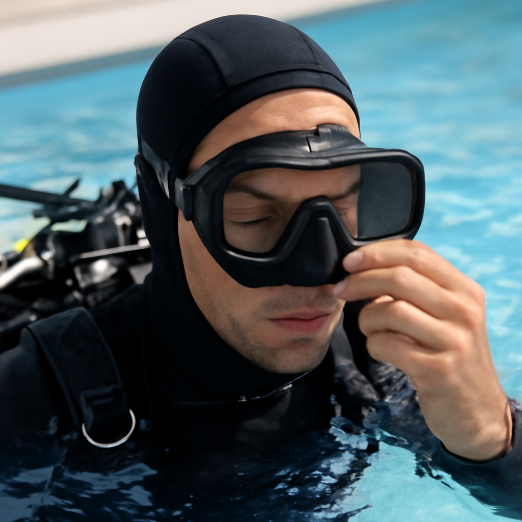 Close-up: Taucher prüft Maskenabdichtung im Süßwasserbecken — das Gesicht ist teils im Wasser, damit die Leserin/der Leser die Sitzprüfung sehen kann
