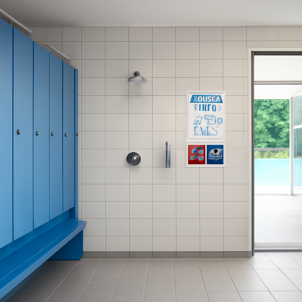 Garderobe und Duschbereich vor dem Becken, Hygienehinweise sichtbar