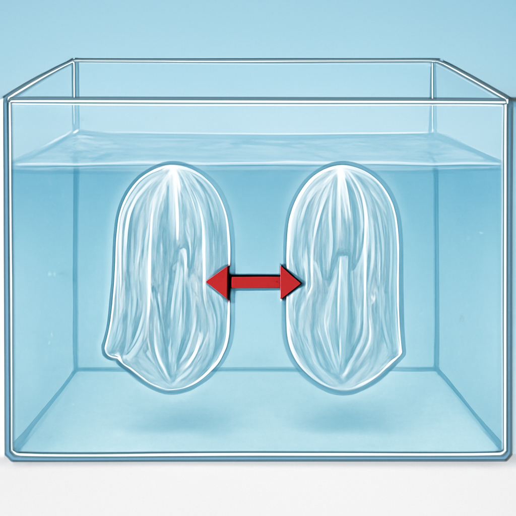 Grafik des Versuchsaufbaus: zwei Quallen nebeneinander im Aquarium mit Pfeilen, die Kontaktfläche markieren — Caption: „Schematischer Versuchsaufbau: Kontaktfläche und Beobachtungsparameter.“ — Alt: „Schematische Darstellung des Versuchs mit zwei Mnemiopsis im Kontakt“