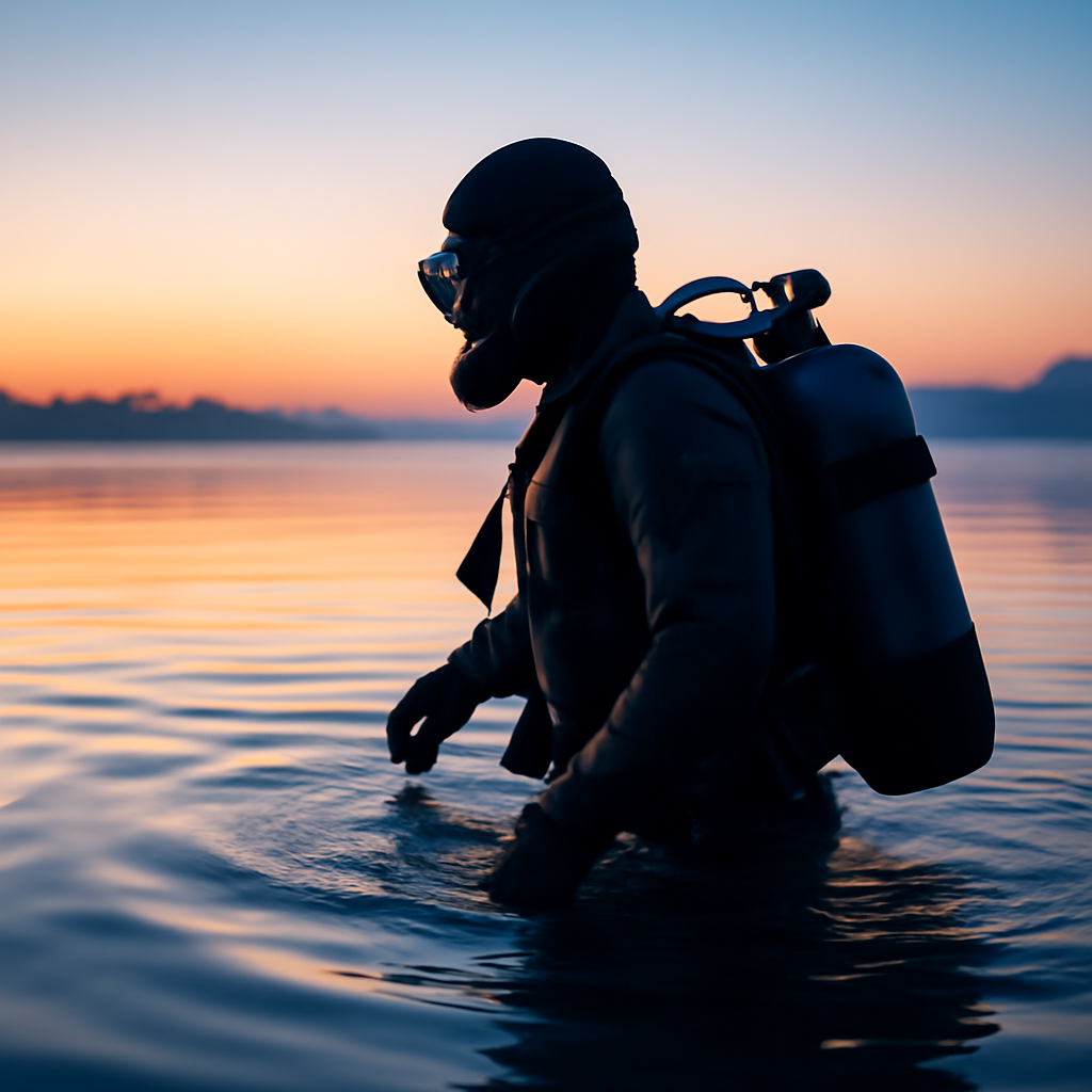 Morgentauchen-Stimmung im seichten Wasser vor Sonnenaufgang