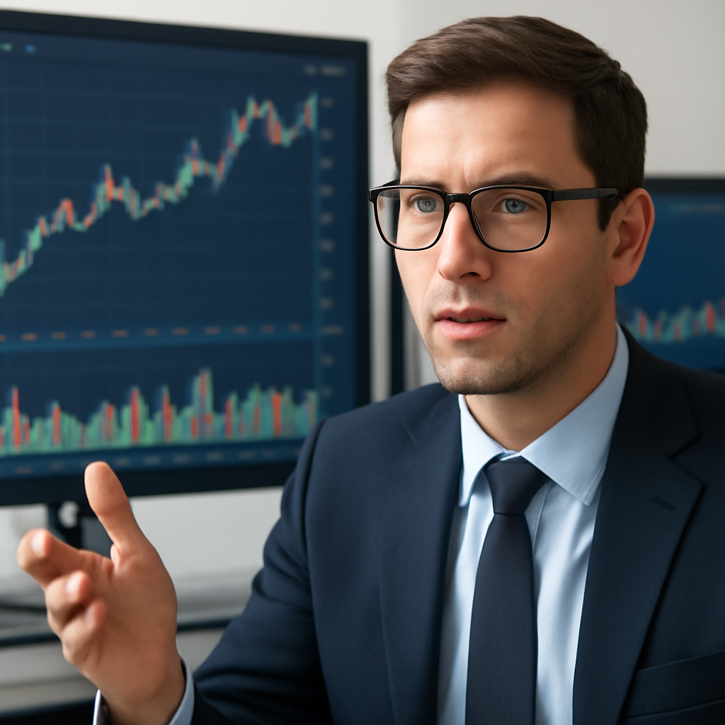 Portraitaufnahme eines Analysten, der vor Monitoren mit Aktiencharts spricht