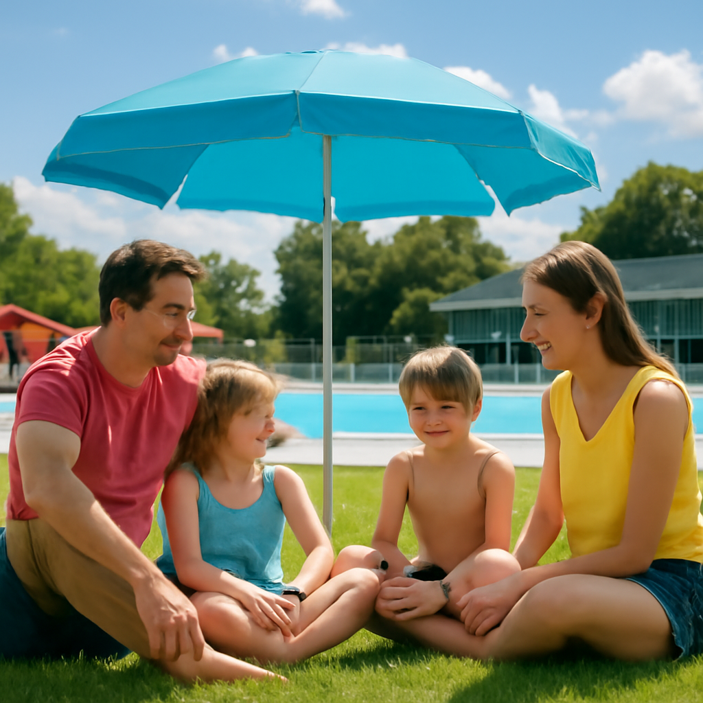 Familie auf der Liegewiese; Sonnenschirm/ geplante Sonnenschutzlösung erkennbar im Hintergrund