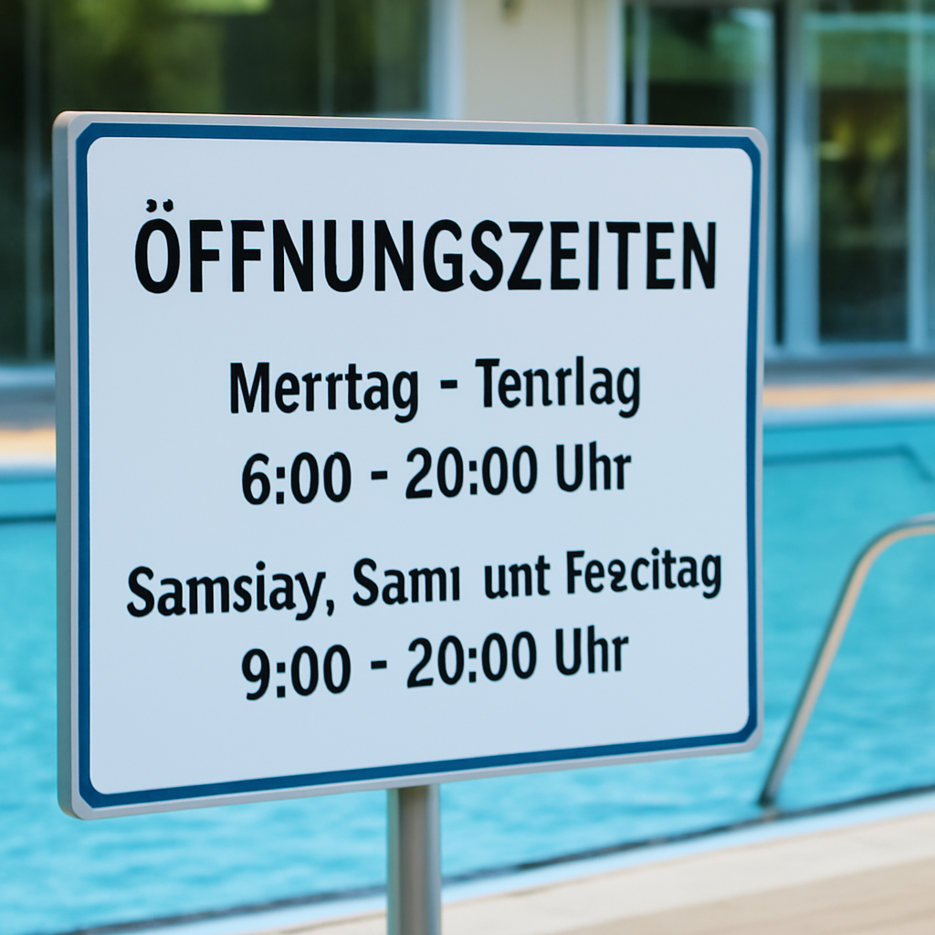 Detailaufnahme eines Hinweisschildes mit Öffnungszeiten am Eingang eines Schwimmbads, gut lesbar und einladend