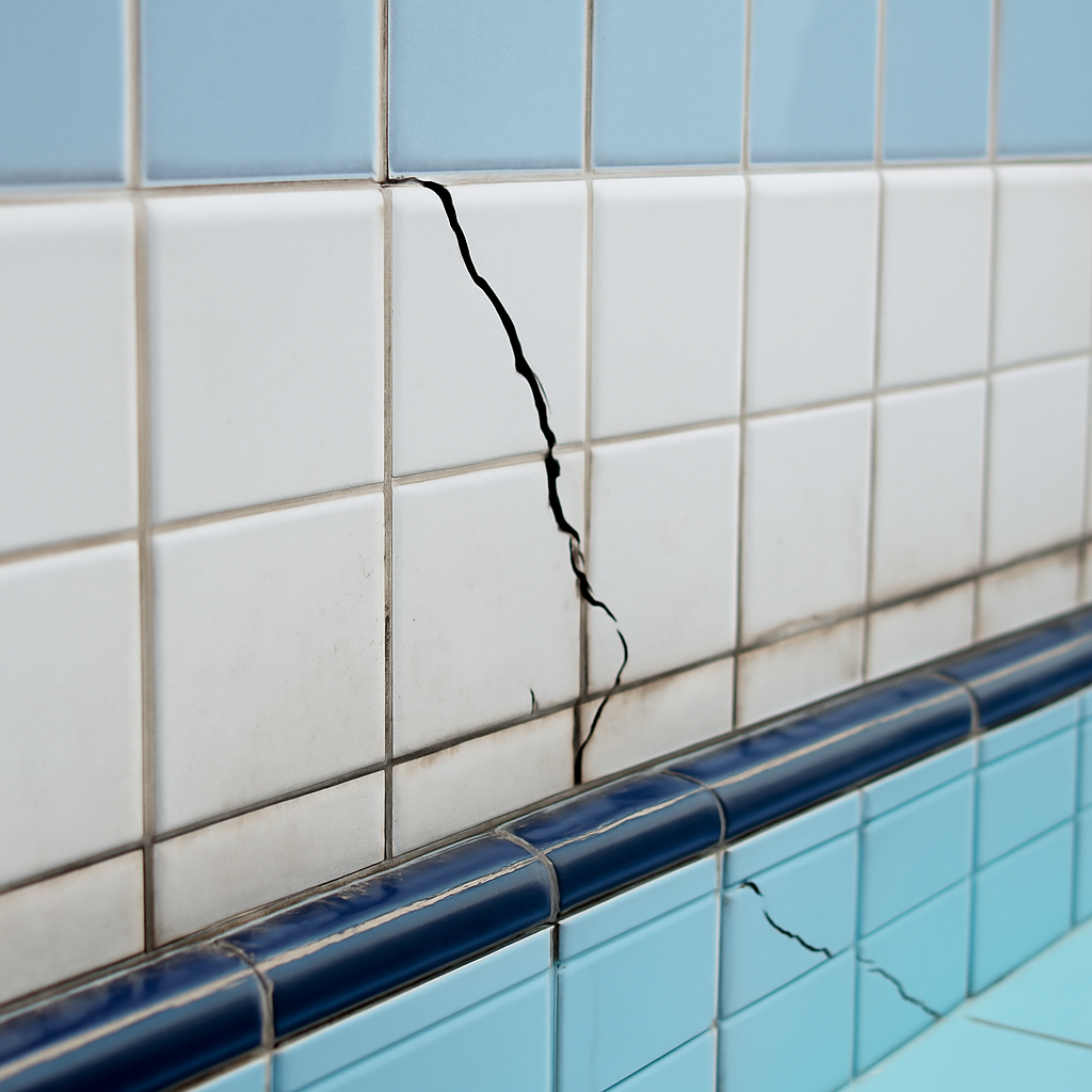Detailaufnahme einer Poolwand mit sichtbaren Haarrissen entlang der Fliesenfugen; Nahaufnahme, keine Personen