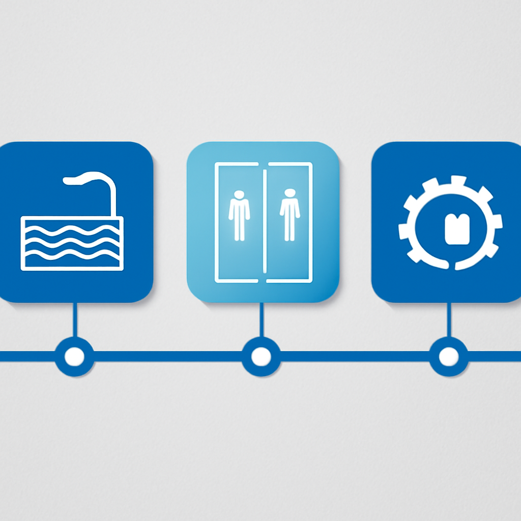 Grafik eines Renovierungsplans (Zeitleiste) mit symbolischen Icons für Becken, Umkleiden und Technik