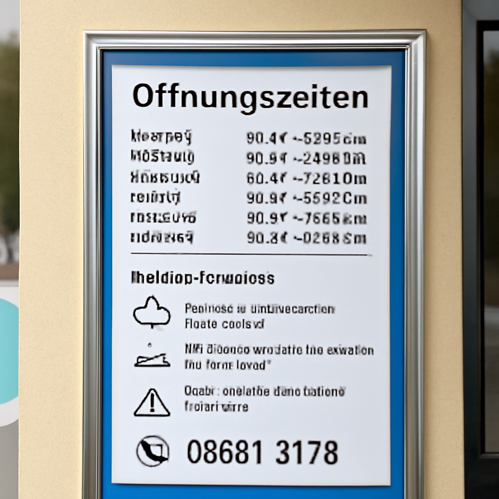 Nahaufnahme einer Aushangtafel am Kassen- oder Eingangsbereich mit Öffnungszeiten, Wetterhinweisen und Kontaktinformationen des Freibads — detailreich, lesbare Einträge, Telefonnummer gut sichtbar