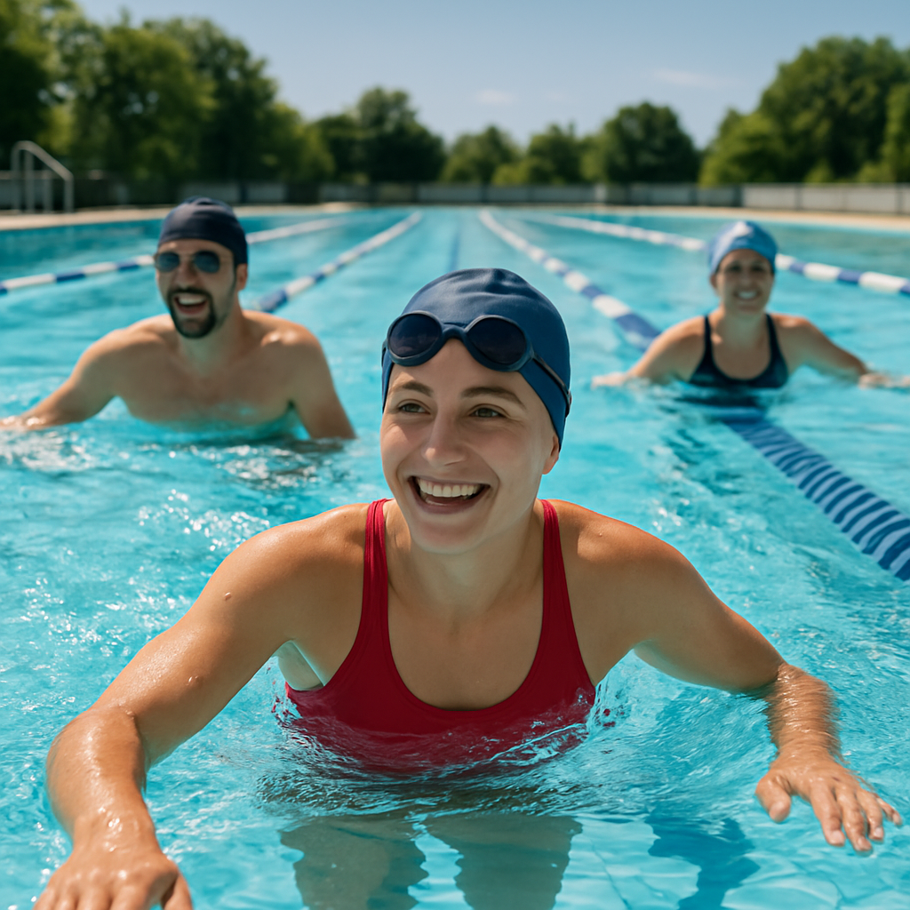 Badende in einem Freibad mit 50‑m‑Bahn, fröhliche Stimmung und klare Sicht