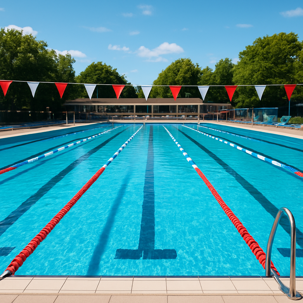 Freibad mit 50-m‑Bahn im Sommerbetrieb