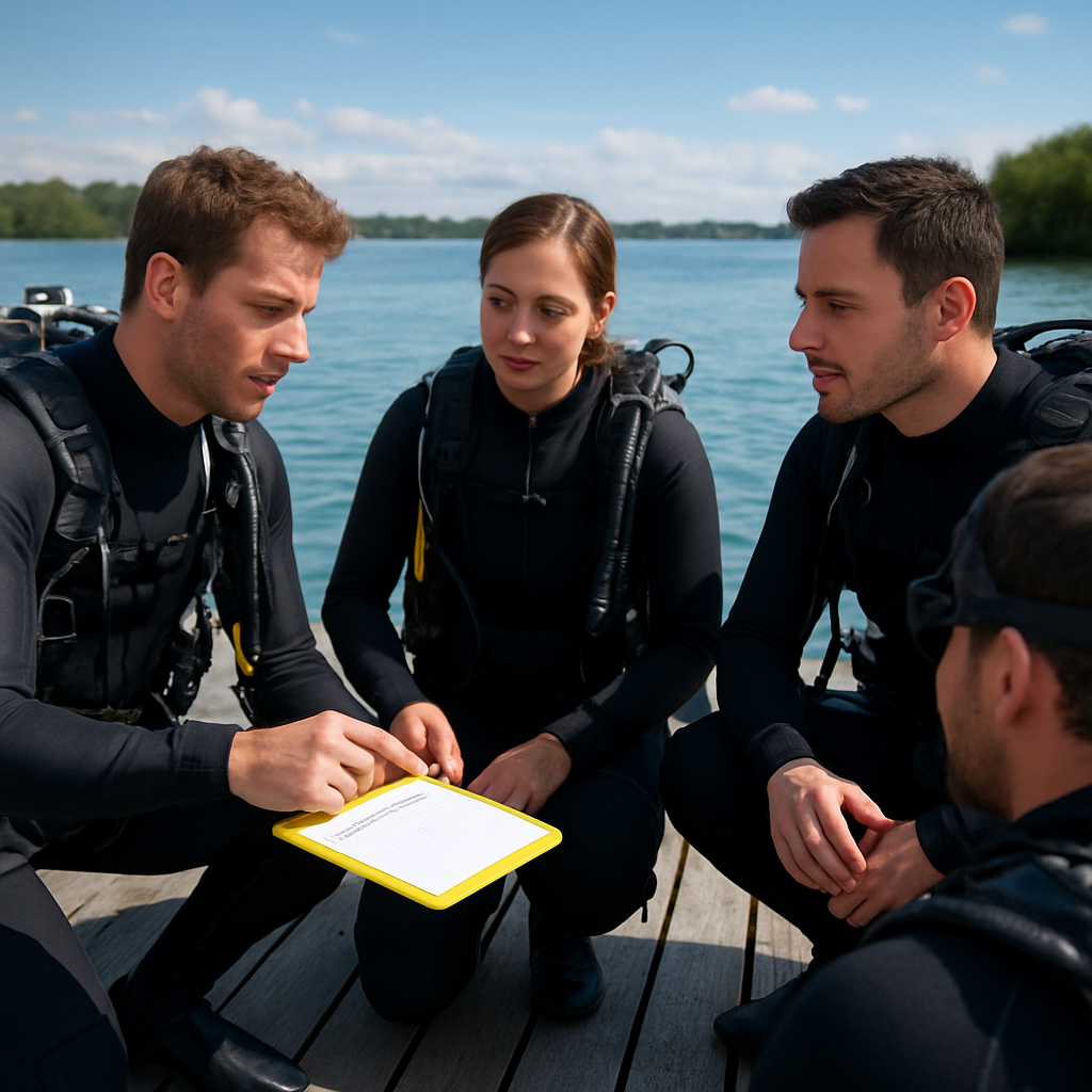 Planerisches Sicherheitsbriefing am Bootsteg mit Absprachen zwischen Buddies