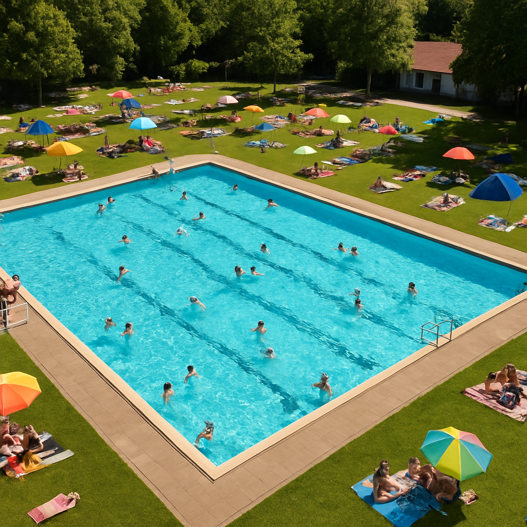 Luftaufnahme eines städtischen Freibads mit Familien im Wasser, Sonnenschirmen und Liegewiese; sommerliche Stimmung