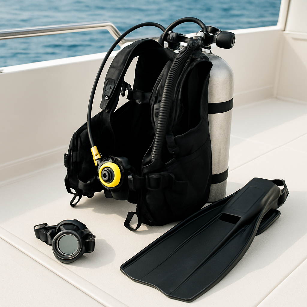 Drift-Ausrüstung kompakt auf einem Tauchboot vorbereitet