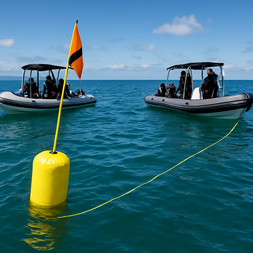 Tauchboote am Drift-Spot mit sichtbarer Boje und Sicherheitsleine