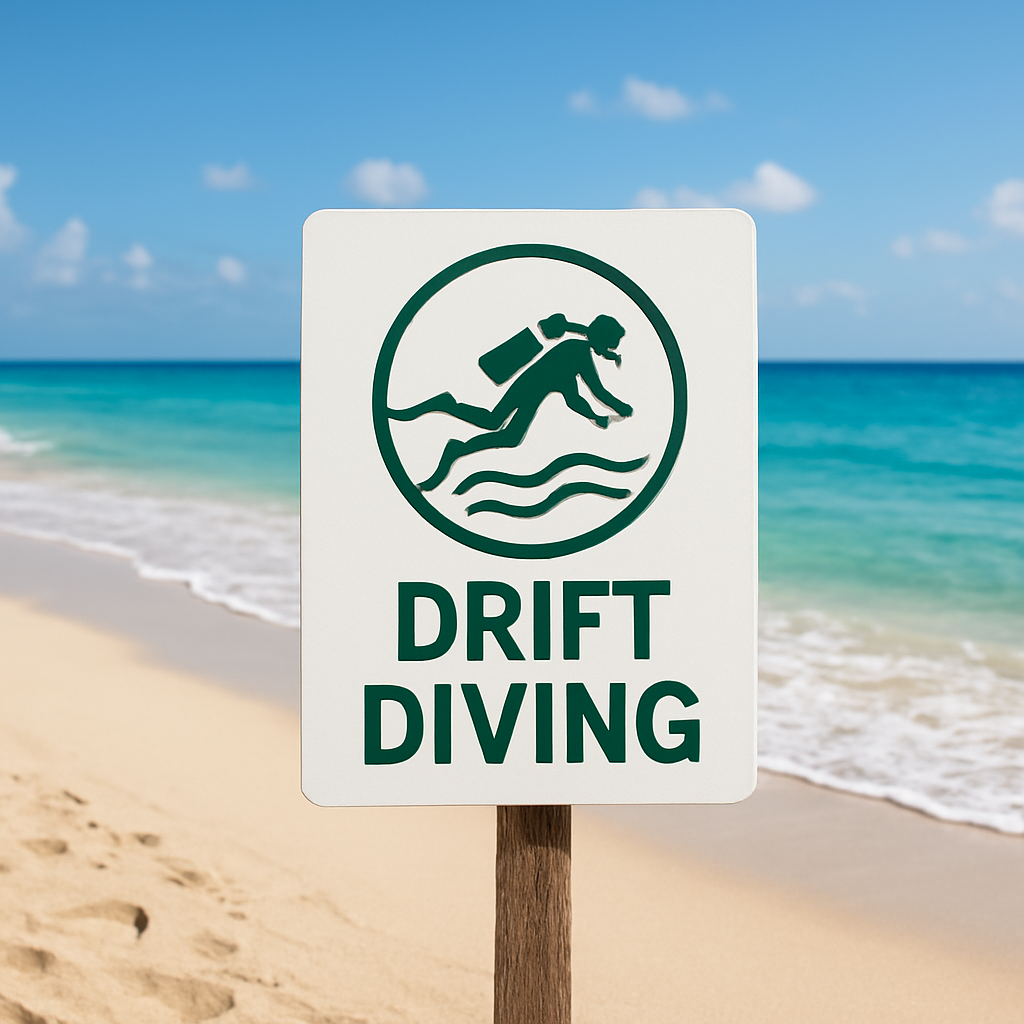 Schild mit Umweltfreundlich Drift Diving Botschaft am Strand