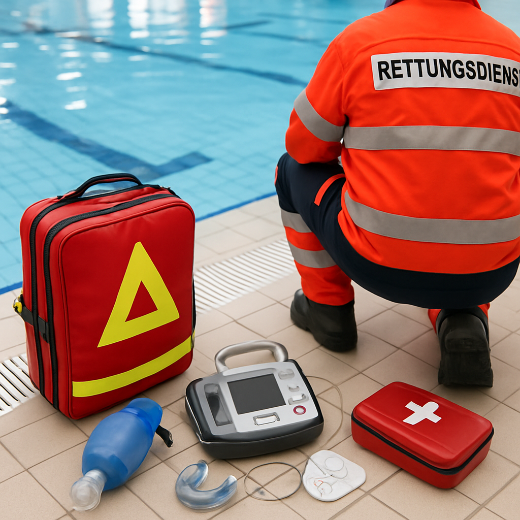 Rettungsdienst und Notfallausrüstung am Beckenrand einer Schwimmhalle, sachliche Dokumentarfotografie; Caption: "Rettungsdienst am Einsatzort"; Alt: "Rettungsdienst und Notfallausrüstung am Beckenrand"