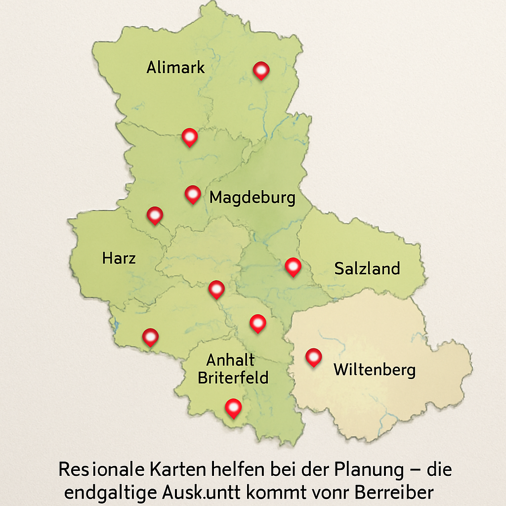 Karte von Sachsen-Anhalt mit markierten Regionen und Badestellen; caption: 'Regionale Karten helfen bei der Planung — die endgültige Auskunft kommt vom Betreiber oder der Kommune.'; alt: 'Karte von Sachsen-Anhalt mit markierten Landkreisen und Badestellen'
