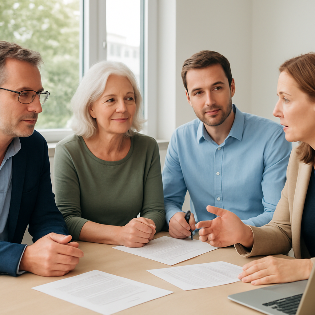 Porträtaufnahme der Organisatoren in einer Besprechung außerhalb des Bads. Caption: Die Initiatoren planen einen praxisorientierten Kurs mit lokalen Partnern. Alt: Vier Personen in einem Besprechungsraum mit Papieren und Laptop.