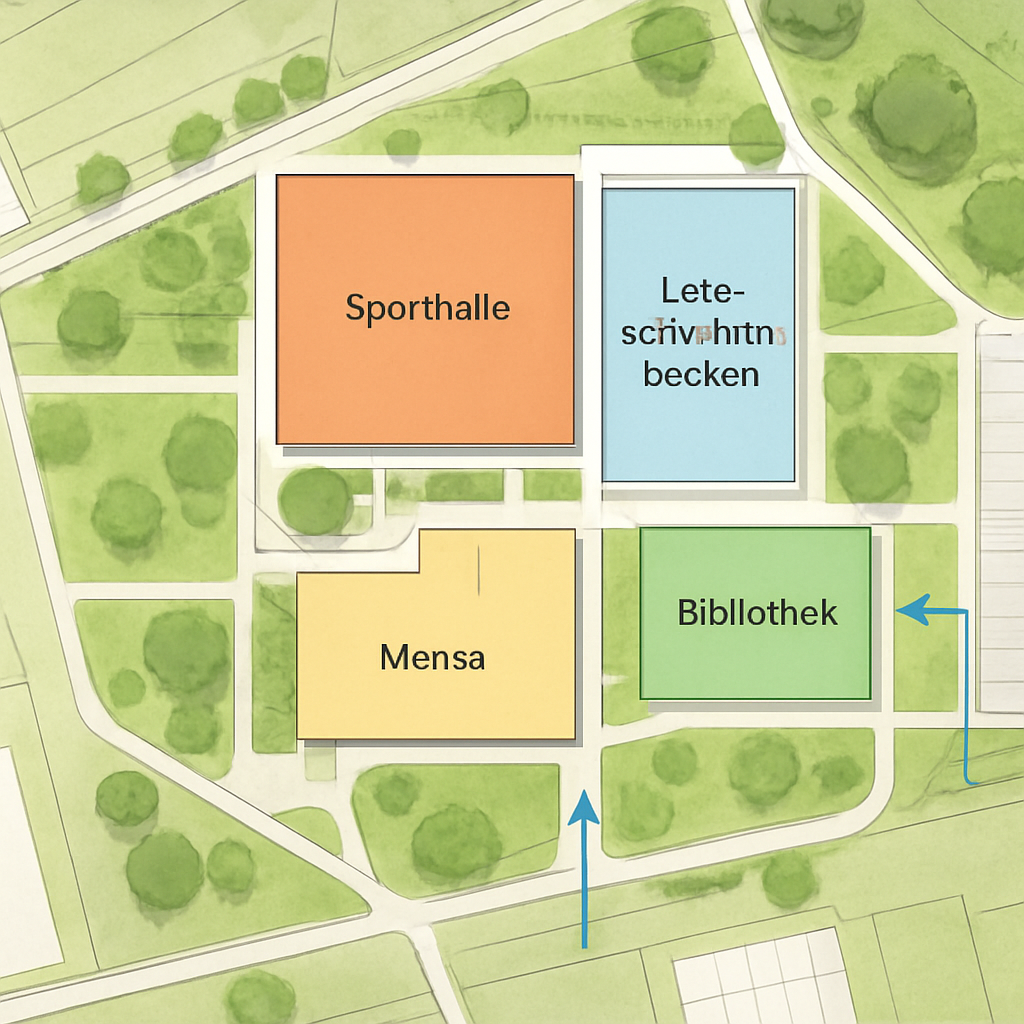 Lageplan‑Ausschnitt mit markierten Nutzungsbereichen: Sporthalle, Lehrschwimmbecken, Mensa, Bibliothek; klare Wegführung und barrierefreie Zugänge hervorgehoben