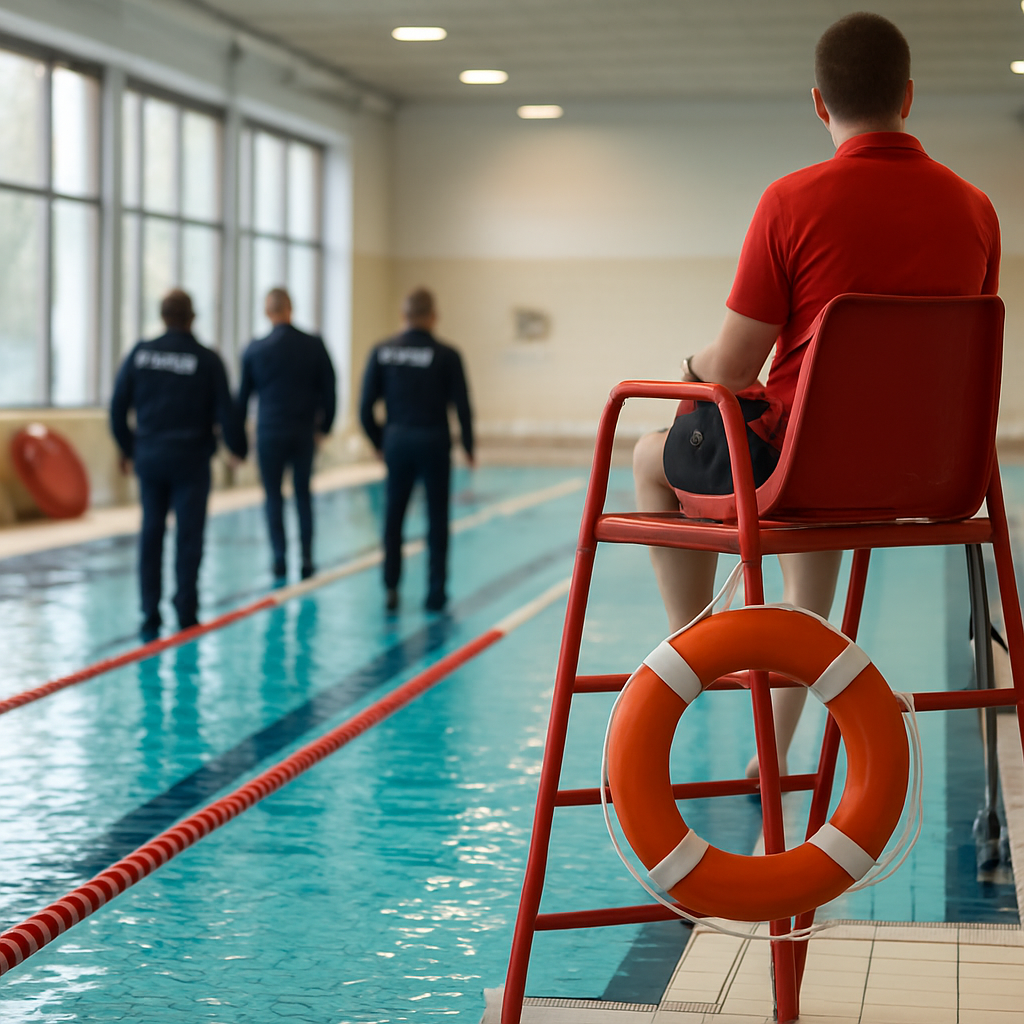 Blick in eine Schwimmhalle mit mehreren Bahnen, gut sichtbare Rettungsstation und Aufsichtspersonal in sicherer Distanz, Gesichter unscharf