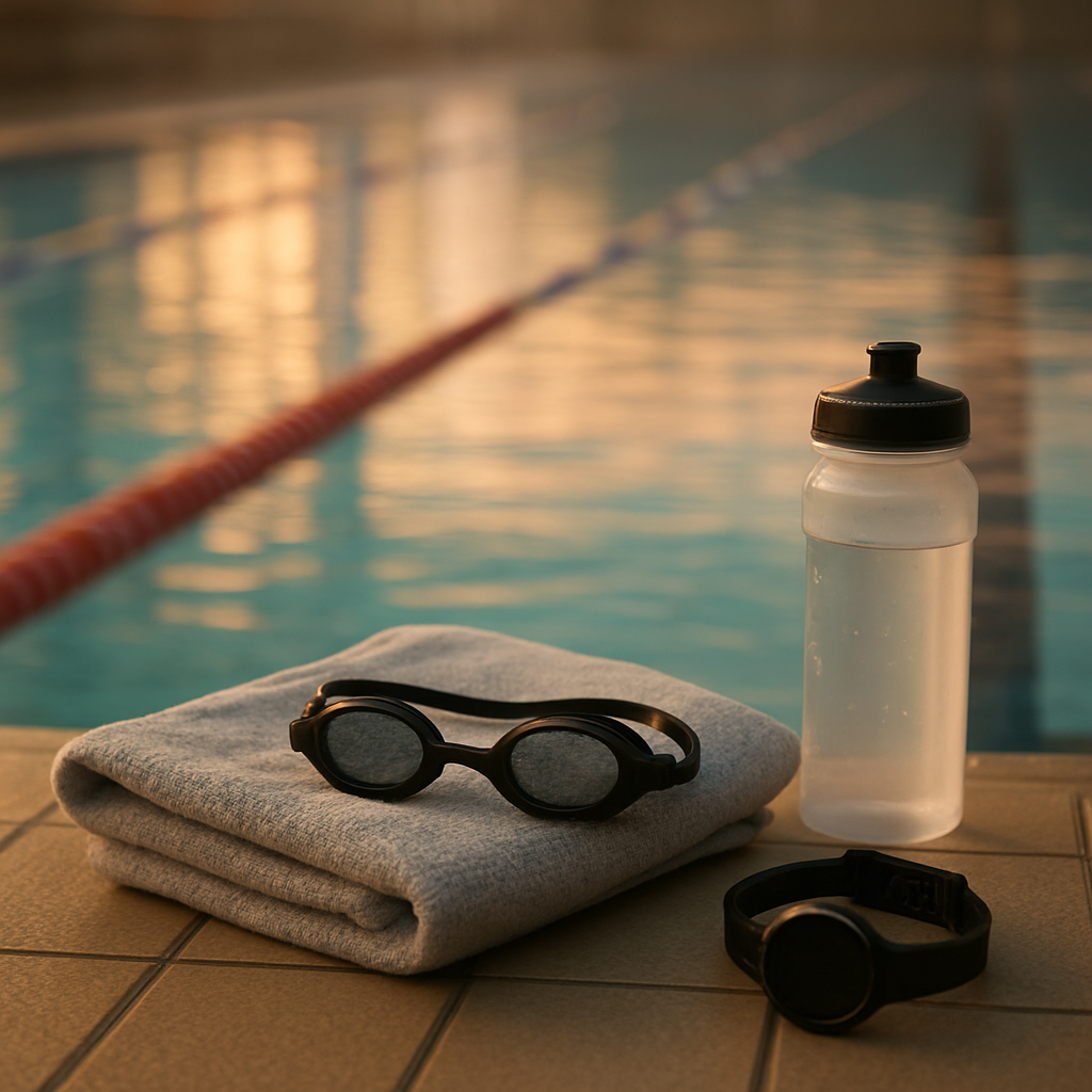 Morgendliche Trainingstasche ordentlich am Beckenrand
