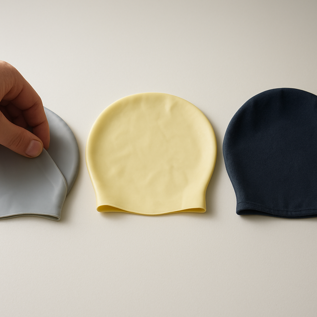Silikon-, Latex- und Stoffkappe nebeneinander.