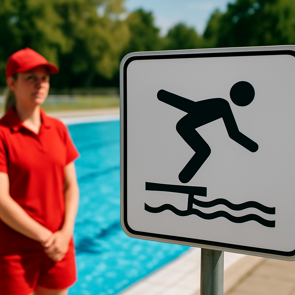 Piktogramm-Sprungzone sichtbar, Besucher Abstand beachten