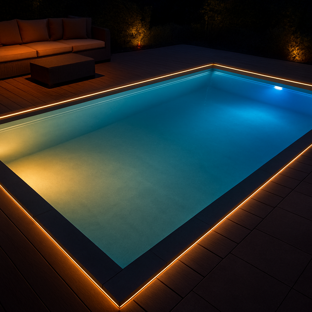 Abendliche Poollandschaft mit smarter Beleuchtung.