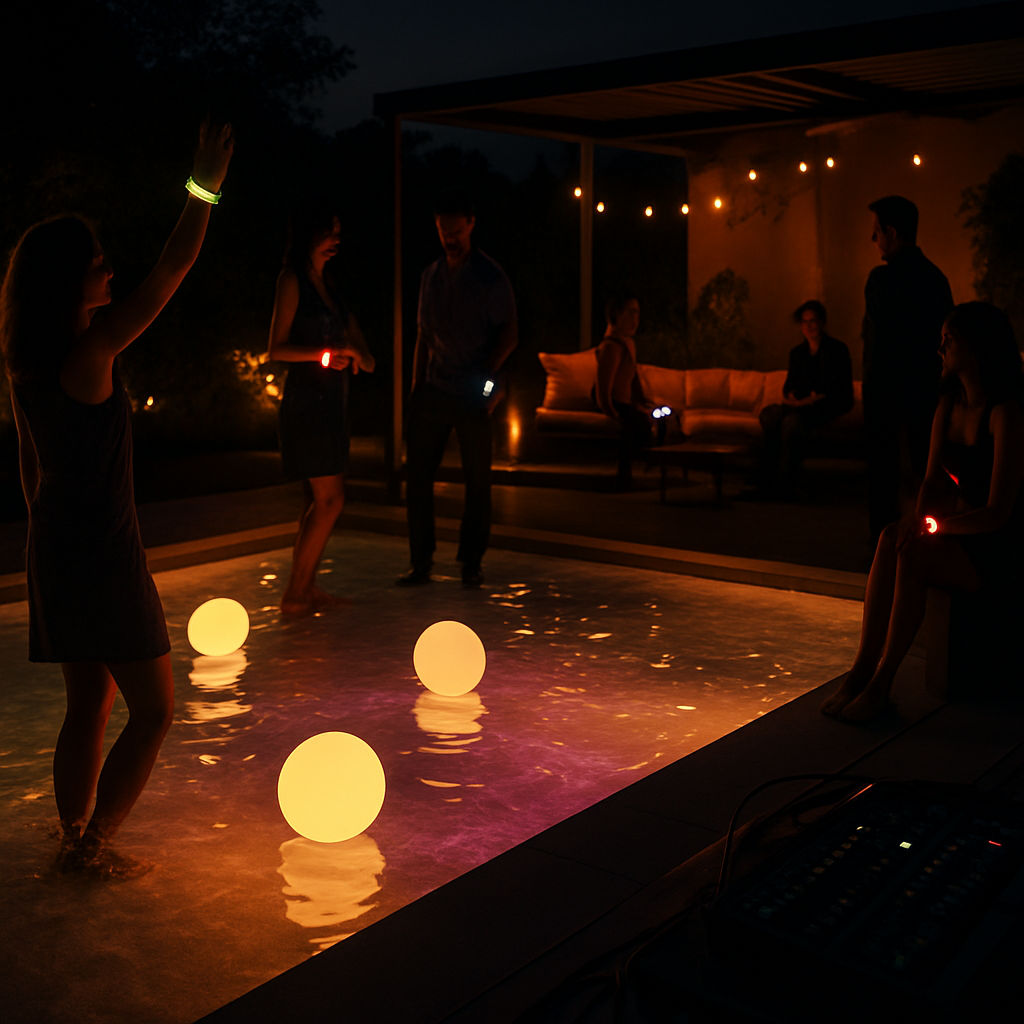 Schwebende LEDs im Wasser spiegeln Tanz.