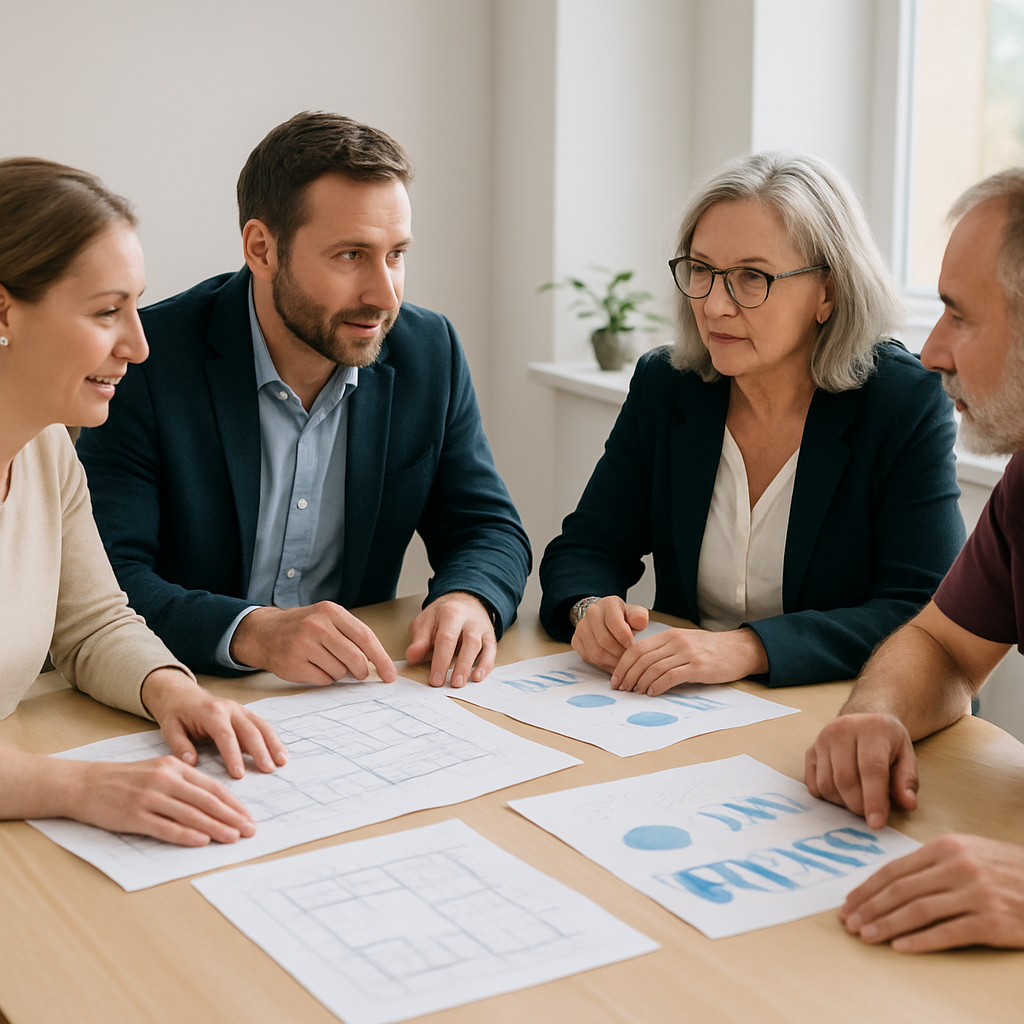 Akteure diskutieren Bau- und Nutzungskonzept gemeinsam.