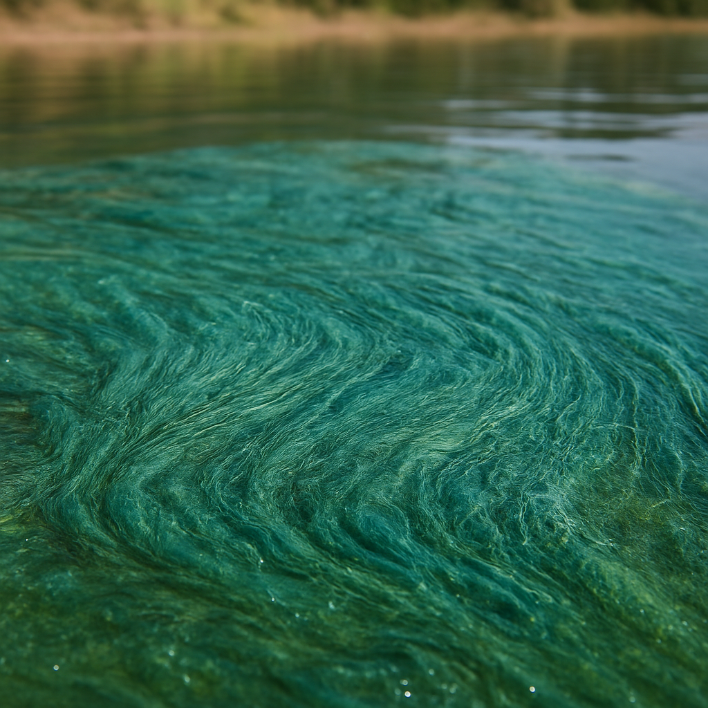 Nahaufnahme eines Cyanobakterien-Schleiers auf Wasseroberfläche.