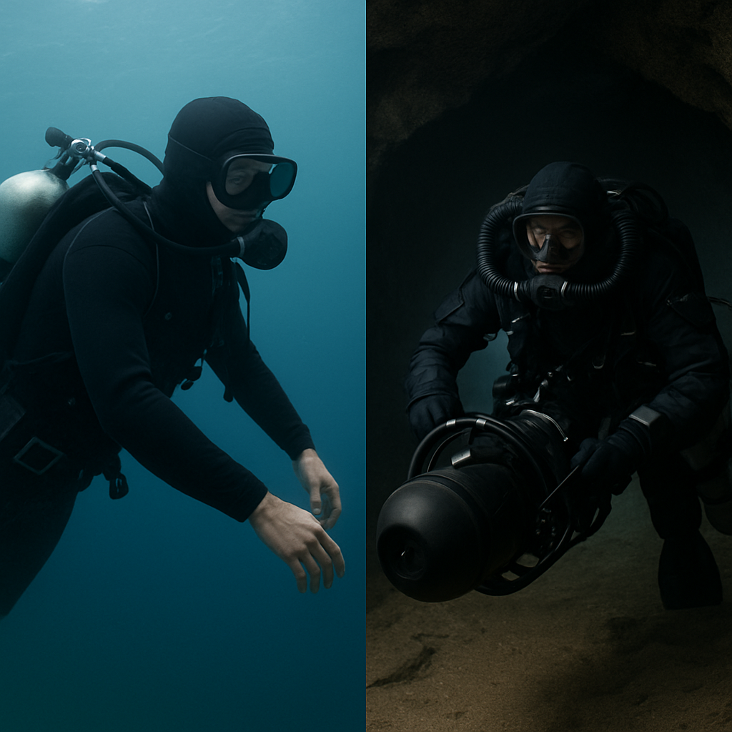 Gegenüberstellung von Höhlen- und Open-Water-Ausrüstung