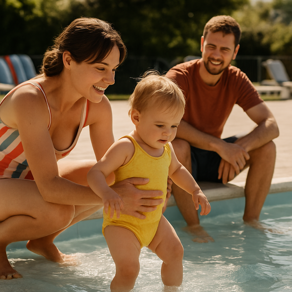 Familien genießen den Saisonstart am Beckenrand.
